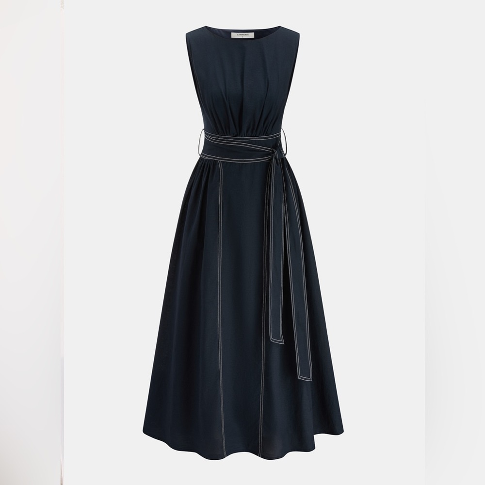 Commense Cotton Linen Sleeveless Belted Midi Dress